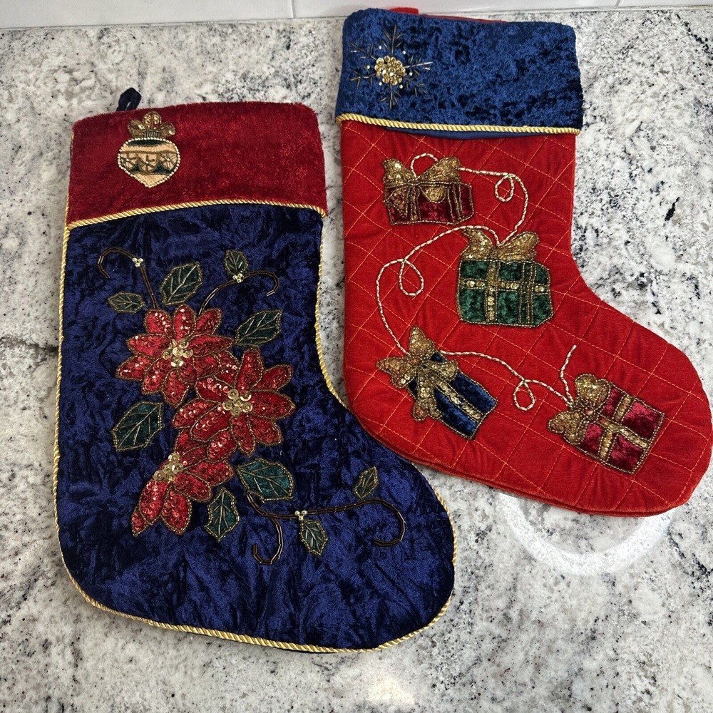 Christmas Stocking Blue/red Velvet With Sequined Design and Gold Beaded- 2 VGT